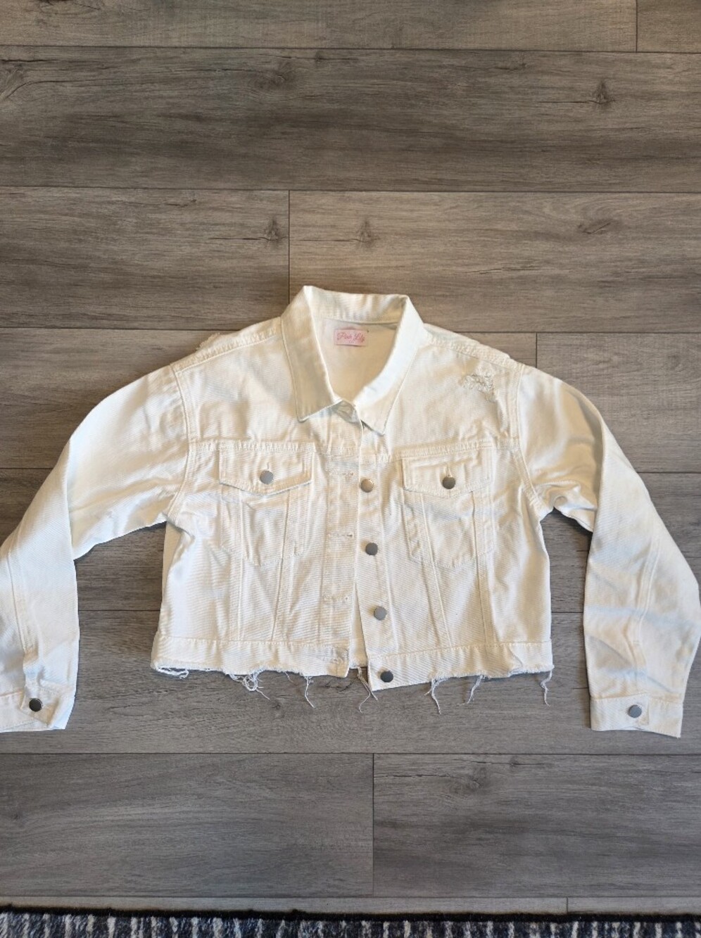Pink Lily White Distressed Cropped Denim Jacket New Small